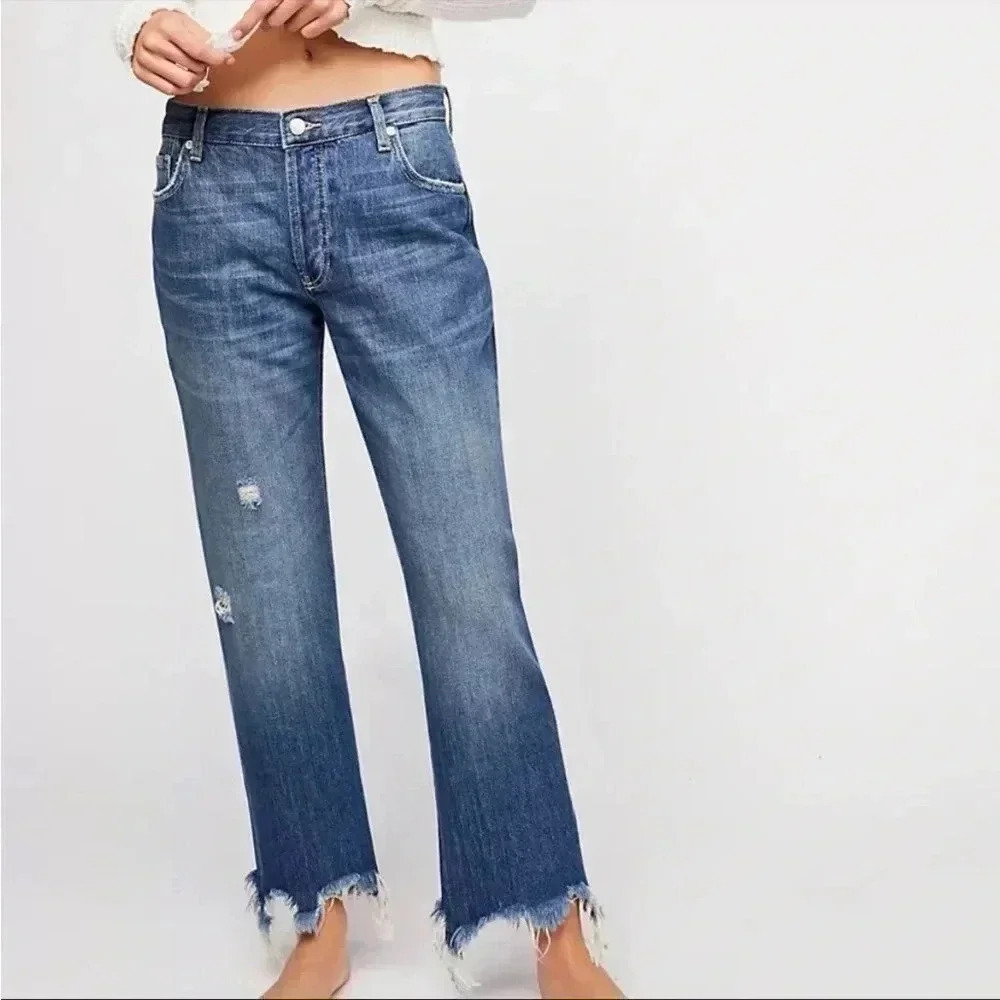 NWT Free People We The Free Maggie Mid Rise Straight Sequoia Blue Fly Buttons 25